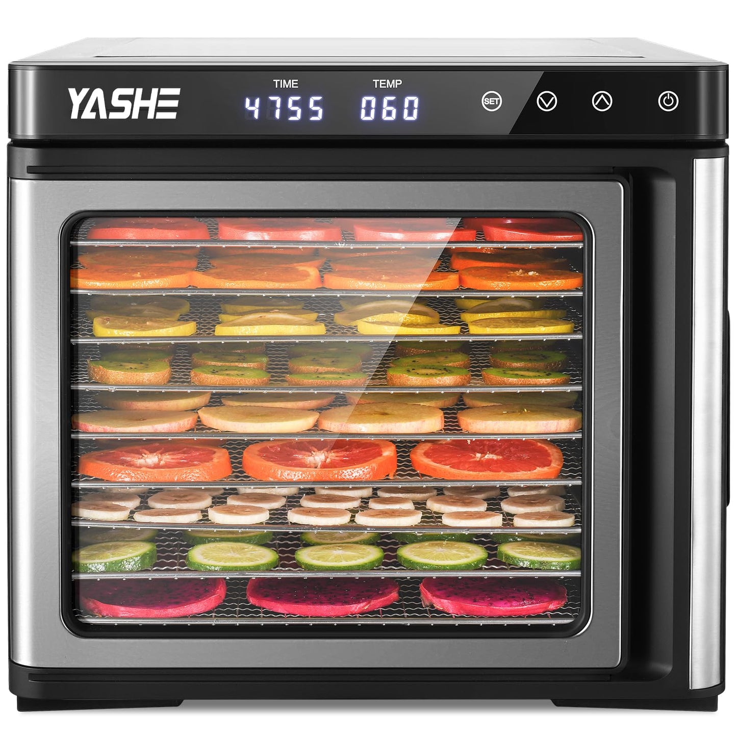 YASHE Food Dehydrator Machine, 9-Tray Stainless Steel Jerky Dehydrator, 1000W Food Dryer with Adjustable Timer & Temperature, Recipes Included for Meat, Fruits, and Herbs