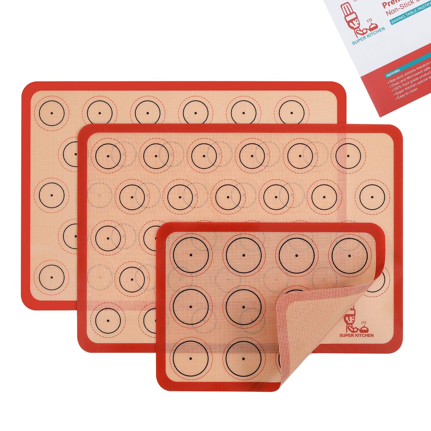 Silicone Baking Mat Macaron - Set of 3 (2 Half Sheet Liners and 1 Quarter Sheet), Non Stick Silicon Cookie Oven Liner For Macaroons, Bake Pans, Pizza, Toaster, Cake and Bread Making (Red,Blue,Gray)