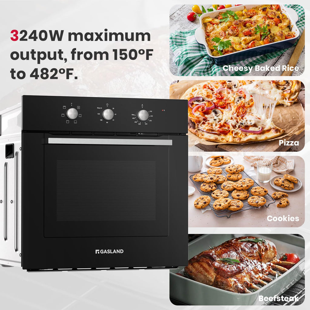 Piekarnik ścienny GASLAND 24 cale, wbudowany elektryczny piekarnik ścienny, 240 V 3240 W 2,3 stopy sześcienne, 5 funkcji gotowania, zatwierdzony przez CSA, czarne szkło