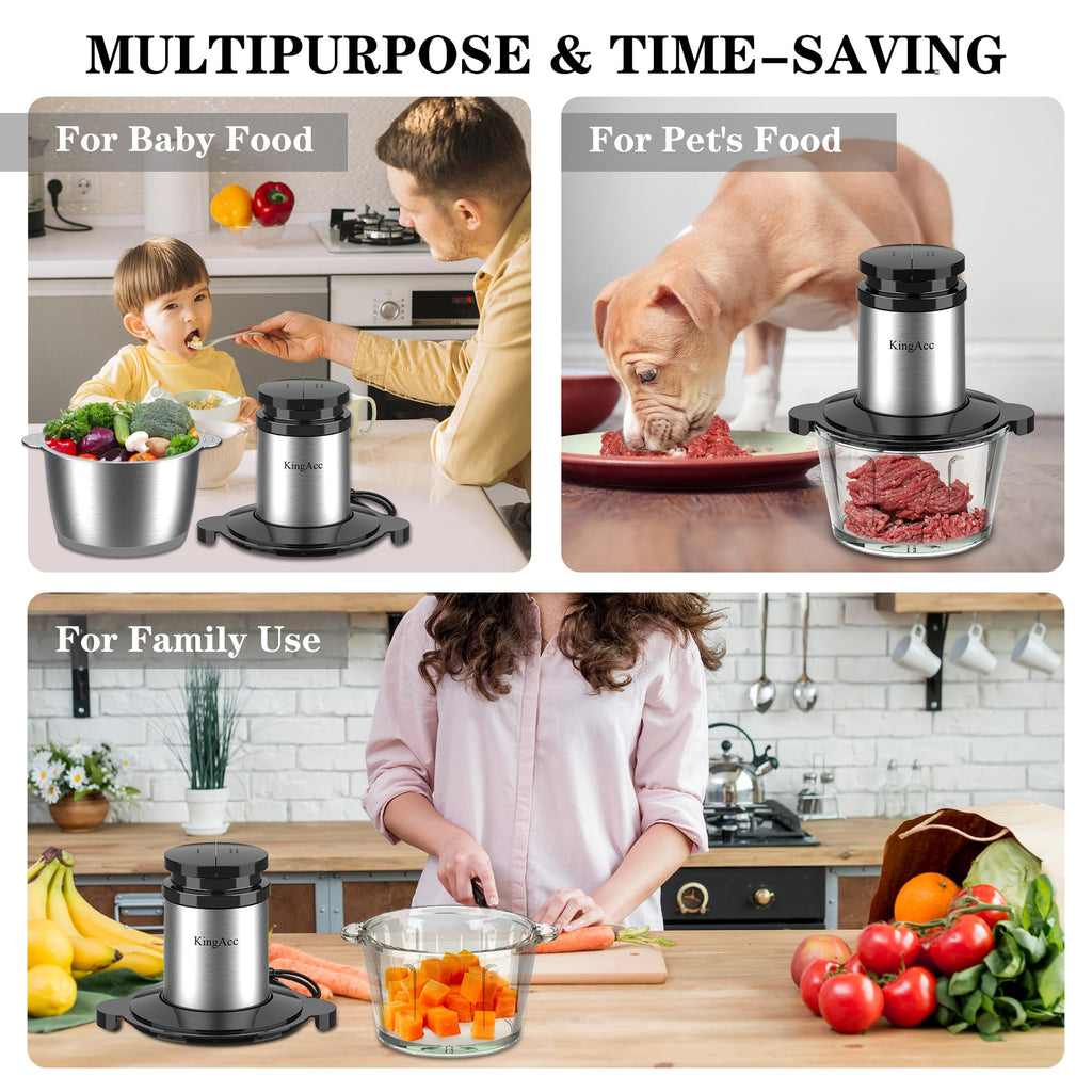 KingAcc Food Processor, 500W Powerful Electric Meat Grinder Chopper With 2 Bowls (8 Cup+8 Cup), 2 Sets Blades Mini Meat Mincer For home kitchen Use Vegetable,Garlic,Onion,Fruit,Baby Food