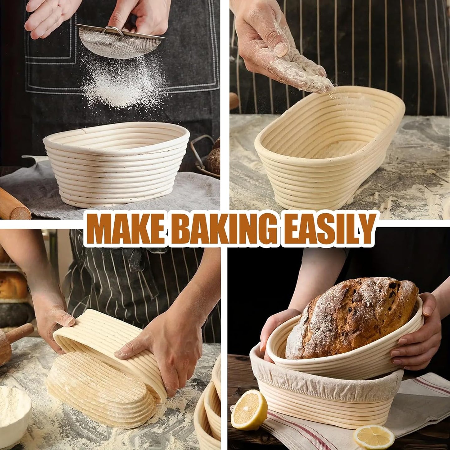 Banneton Bread Proofing Basket - 10 inch Banneton Basket Sourdough Proofing Baskets Set of 2 Oval Proofing Bowls with Liners for Professional & Home Artisan Sourdough Bread Baking Supplies