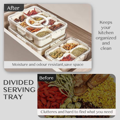 Snackle Box Container,Portable Snack Box 8 Compartment Divided Serving Tray with Lid and Handle,Clear Storage Organizer for Fruit Candy Nuts Veggie-Perfect for Road Travel Party（1 Pack）