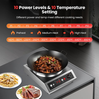 VEXMAECY 1800W Electric Wok Used For Home And Commercial,Induction Wok With Concave Surface Stainless Steel Strong Power Dual Control Mode 10 Power And Temp 24H Timer Induction Cooktop For Cooking