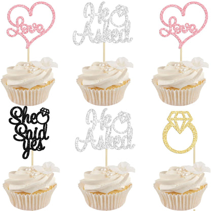 Gyufise He Asked She Said Yes Cupcake Toppers Gold Glitter Diamond Ring Heart Love Cake Picks for Wedding Engagement Party Cake Decorations 24 Pack