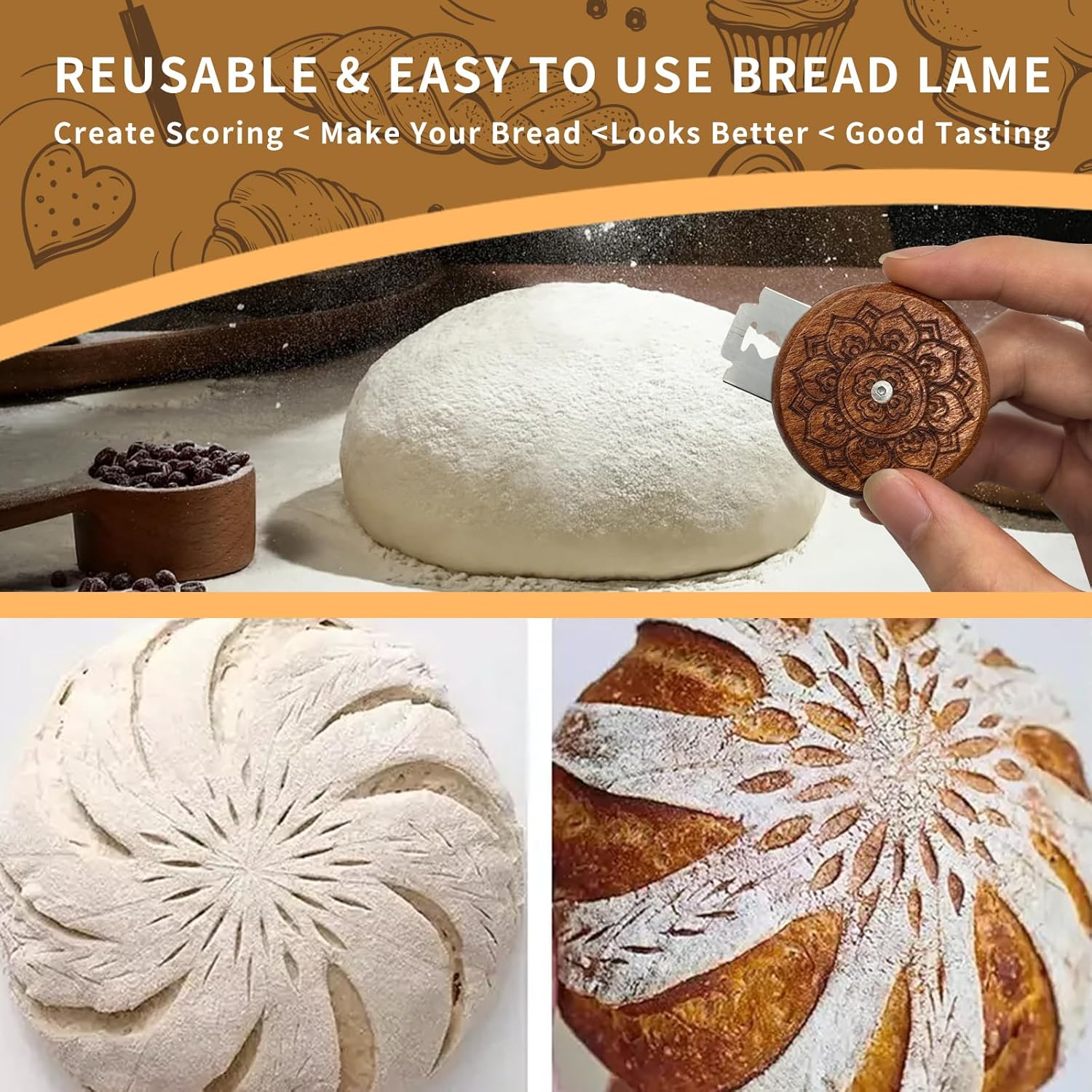 UFO Wooden Bread Lame Slashing Tool, Dough Scoring Knife with 5 Razor Blades and Storage Cover,Sourdough Bread Scoring Tool for Homemade (Lotus patterns)