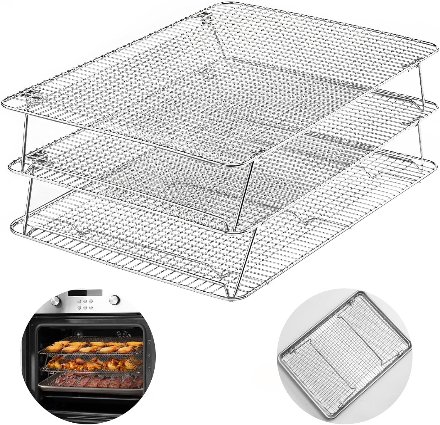 Hiware Stainless Steel Stackable Cooling Rack for Baking, 3 Tier 12”x 16.5”,Oven & Dishwasher Salf and Fit Half Sheet,Wire Cooling Racks for Cookie, Pizza, Cake