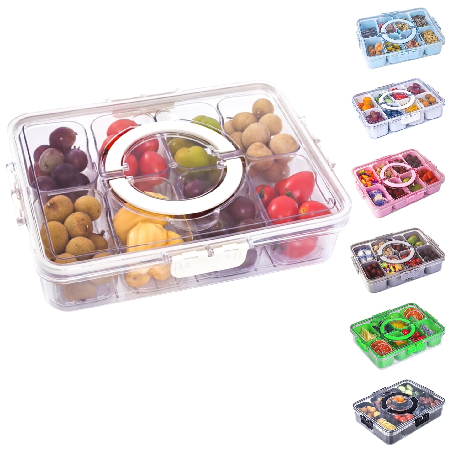 Snackle Box Container with Lid- Travel Charcuterie Box with Handle - Organizer for Candy, Fruit, Nuts, Veggies, Snacks, Beach Essentials, Portable Lunch Box (Pink, Small)