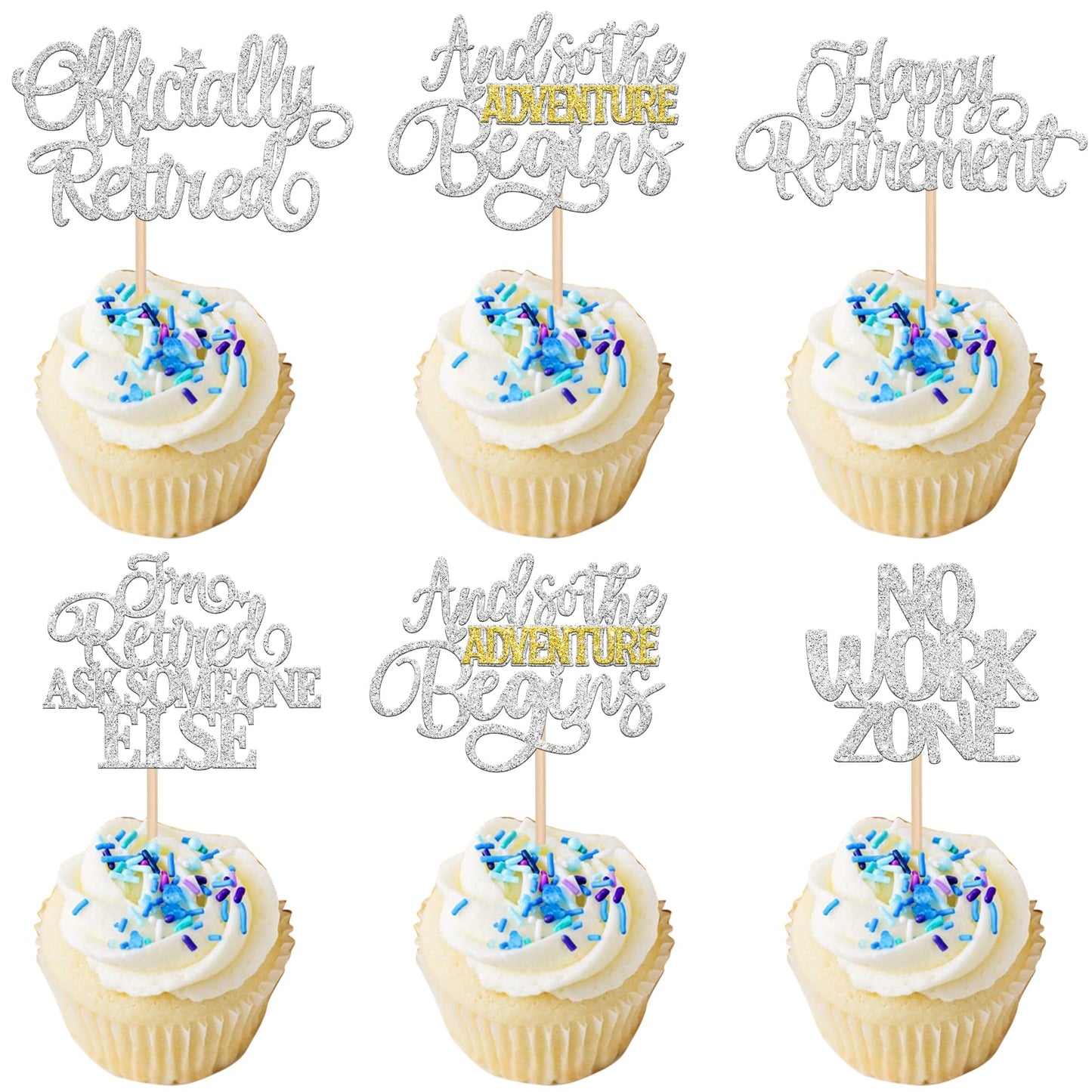 30 PCS Happy Retirement Cupcake Toppers Officially Retired No Work Zone Adventure Begins Cupcake Picks for Retirement Theme Farewell Birthday Party Cake Decorations Supplies Black