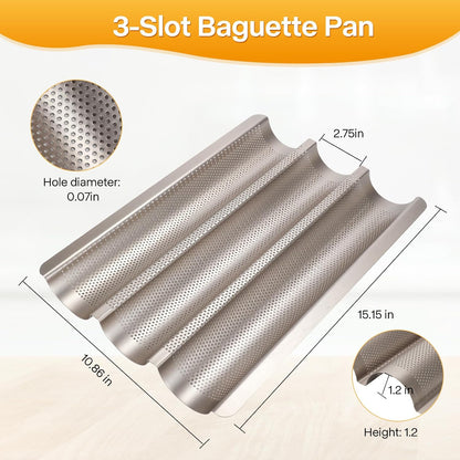 Baguette Bread Pan, Perforated French Bread Baking Pan, Nonstick 3 Loaf Bread Pans for Baking, with Baguette Kit – Includes Proofing Cloth & Dough Cutter, 15x11 Inch Gold