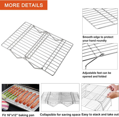 P&P CHEF Cooling Rack, 5-Tier Stainless Steel Stackable Baking Cooking Racks for Cooling Roasting Grilling, Collapsible & Heavy Duty, Oven Safe & Easy Clean, 15" x 10", Silver