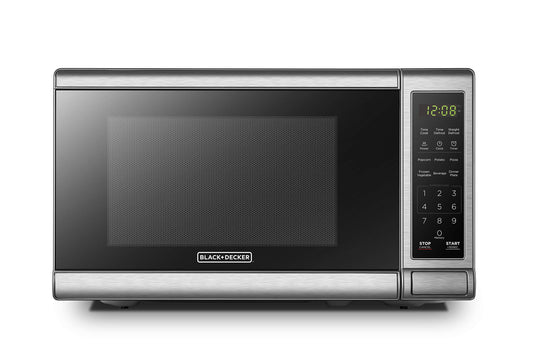 BLACK+DECKER EM720CB7 Digital Microwave Oven with Turntable Push-Button Door, Child Safety Lock, 700W, Stainless Steel, 0.7 Cu.ft