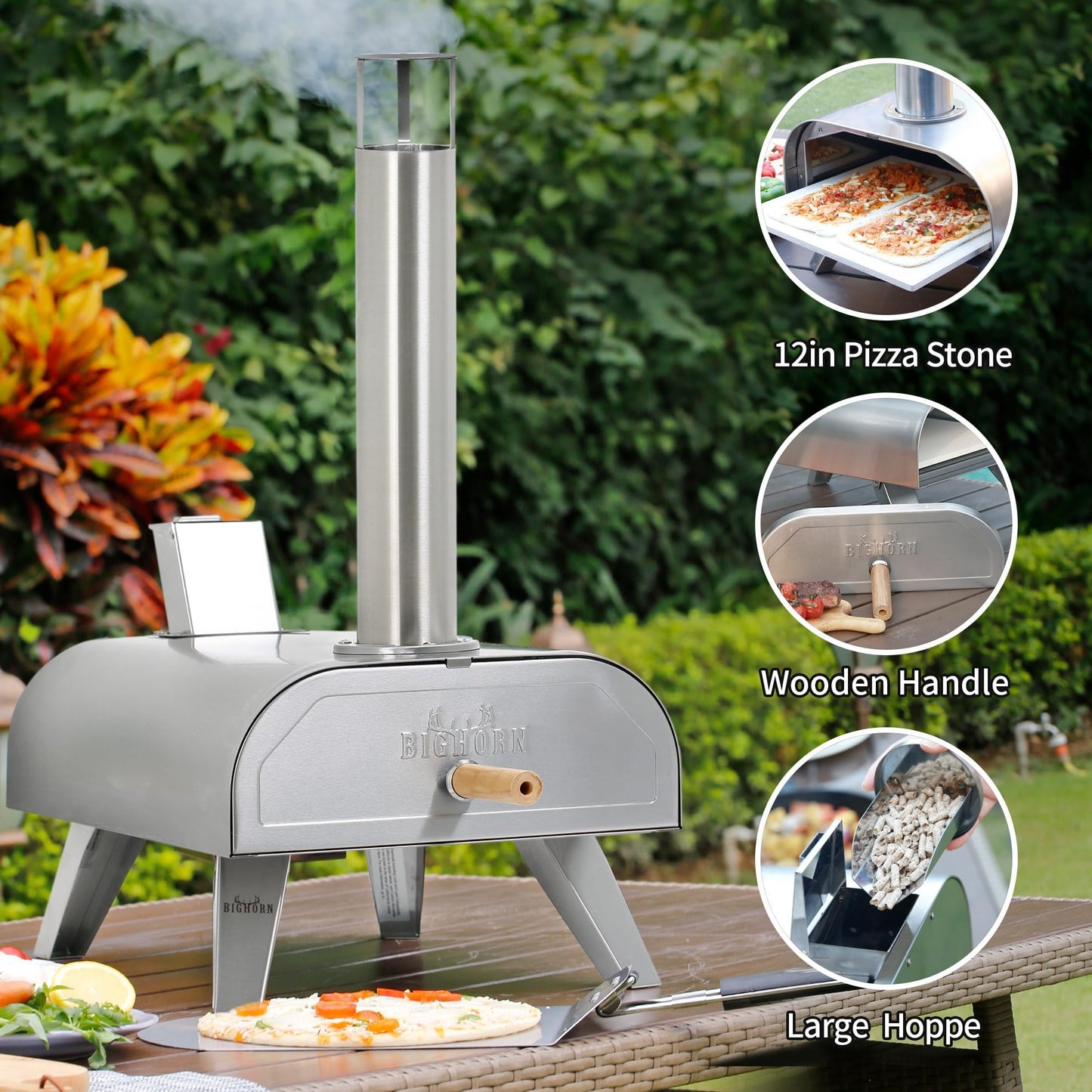 BIG HORN OUTDOORS Pizza Ovens Wood Pellet 12” Pizza Oven Cooking Pizza Maker Portable Stainless Steel Pizza Grill, Silver Portable Party use