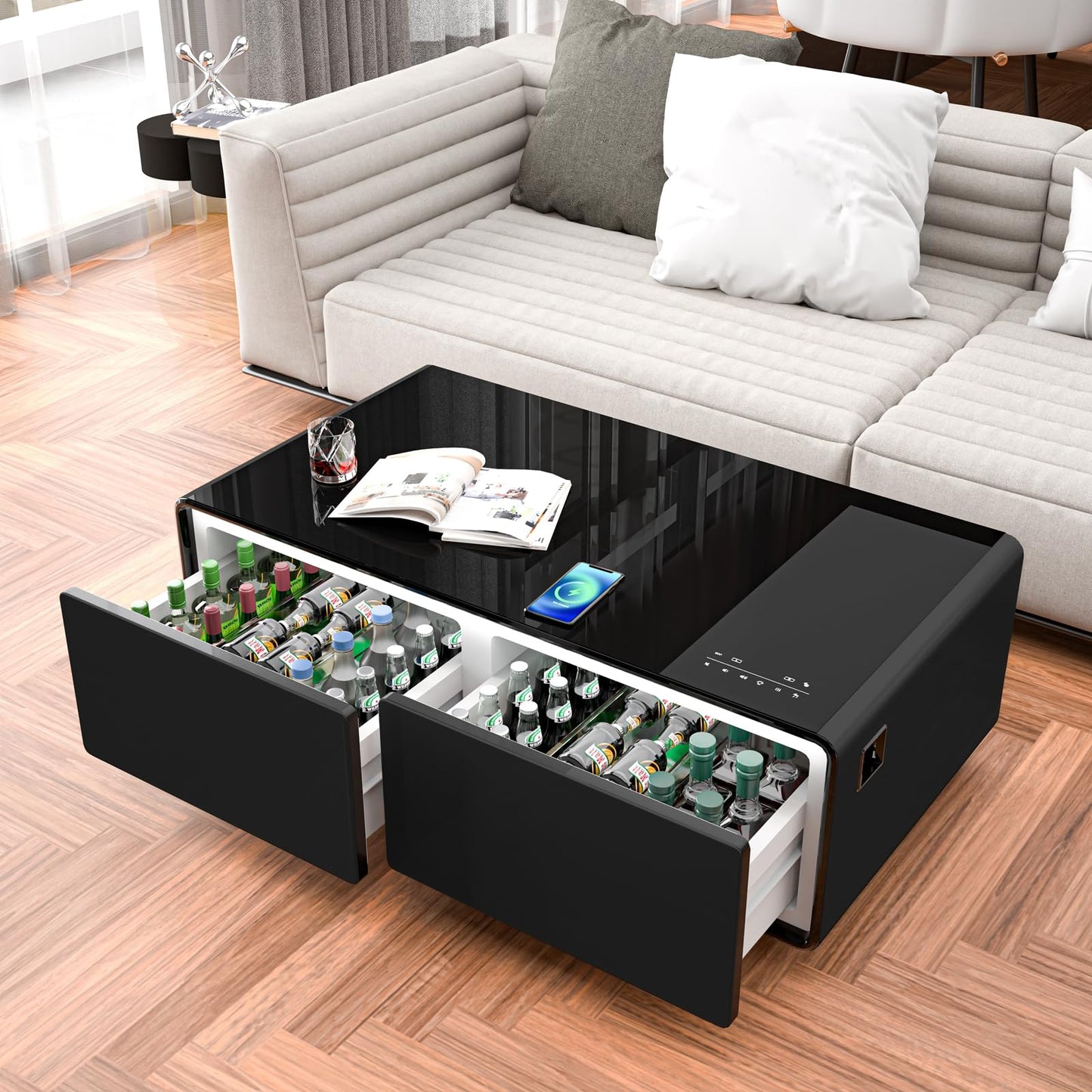 Gagawin Smart Coffee Table with Fridge and Bluetooth Speaker, Smart Refrigerator Table with Wireless Charger, Touch Control Panel, Power Socket, USB Port, Atmosphere Light (Black, LT135 Pro)