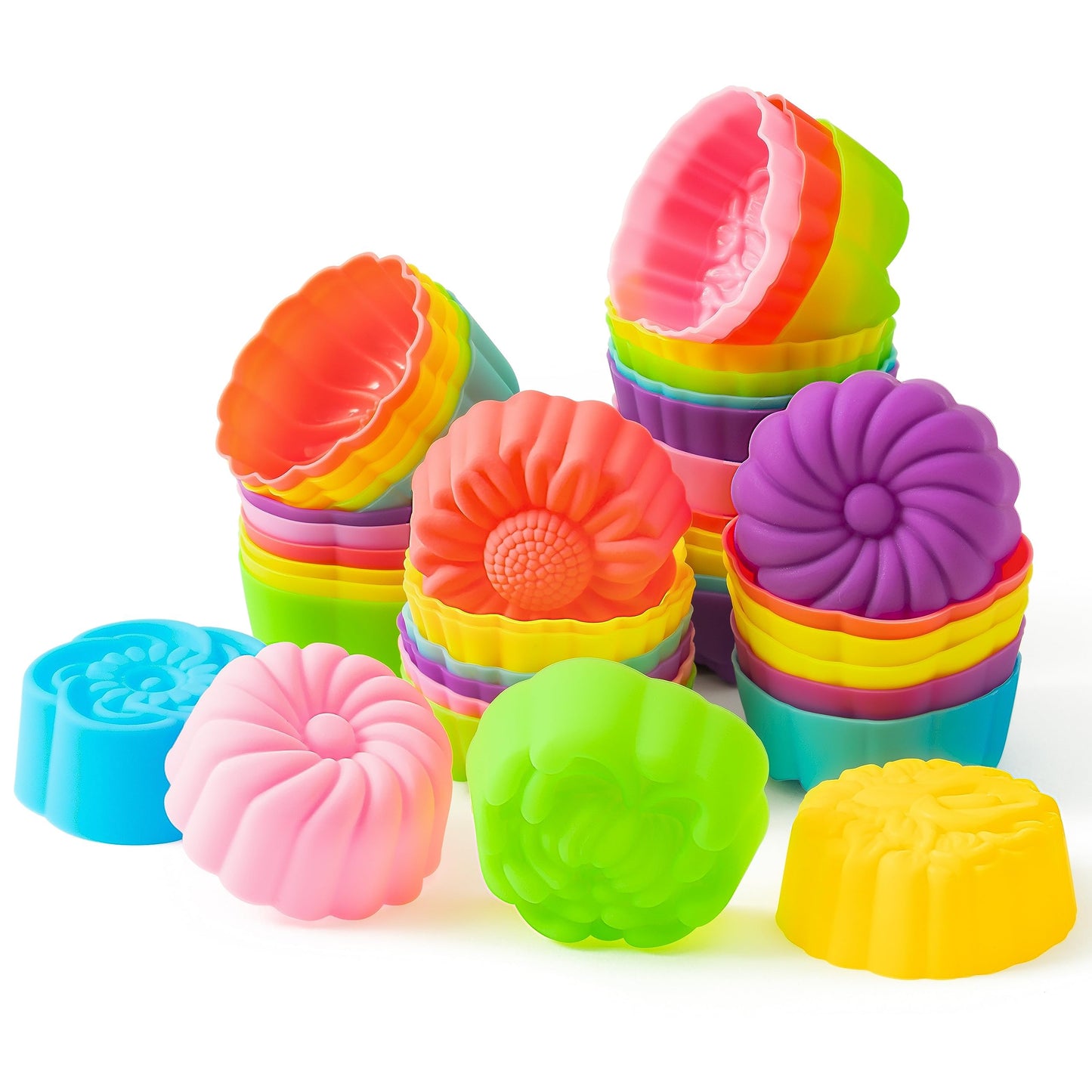 R HORSE 42Pcs Mini Size Silicone Molds, 2 x 0.8 inch Cupcake Multi Flower Shapes Baking Cups Non-Stick Donut Wrapper Mold Muffin Liners Washable for Pan Oven Microwave Dishwasher