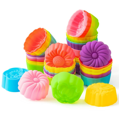 R HORSE 42Pcs Mini Size Silicone Molds, 2 x 0.8 inch Cupcake Multi Flower Shapes Baking Cups Non-Stick Donut Wrapper Mold Muffin Liners Washable for Pan Oven Microwave Dishwasher