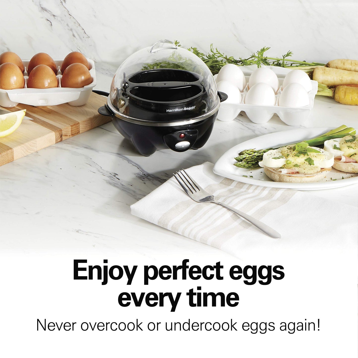 Hamilton Beach Egg Cooker 3-in-1 for Hard Boiled & Poached Eggs, Omelets & Vegetable Steamer, Holds 7, Black (25507)