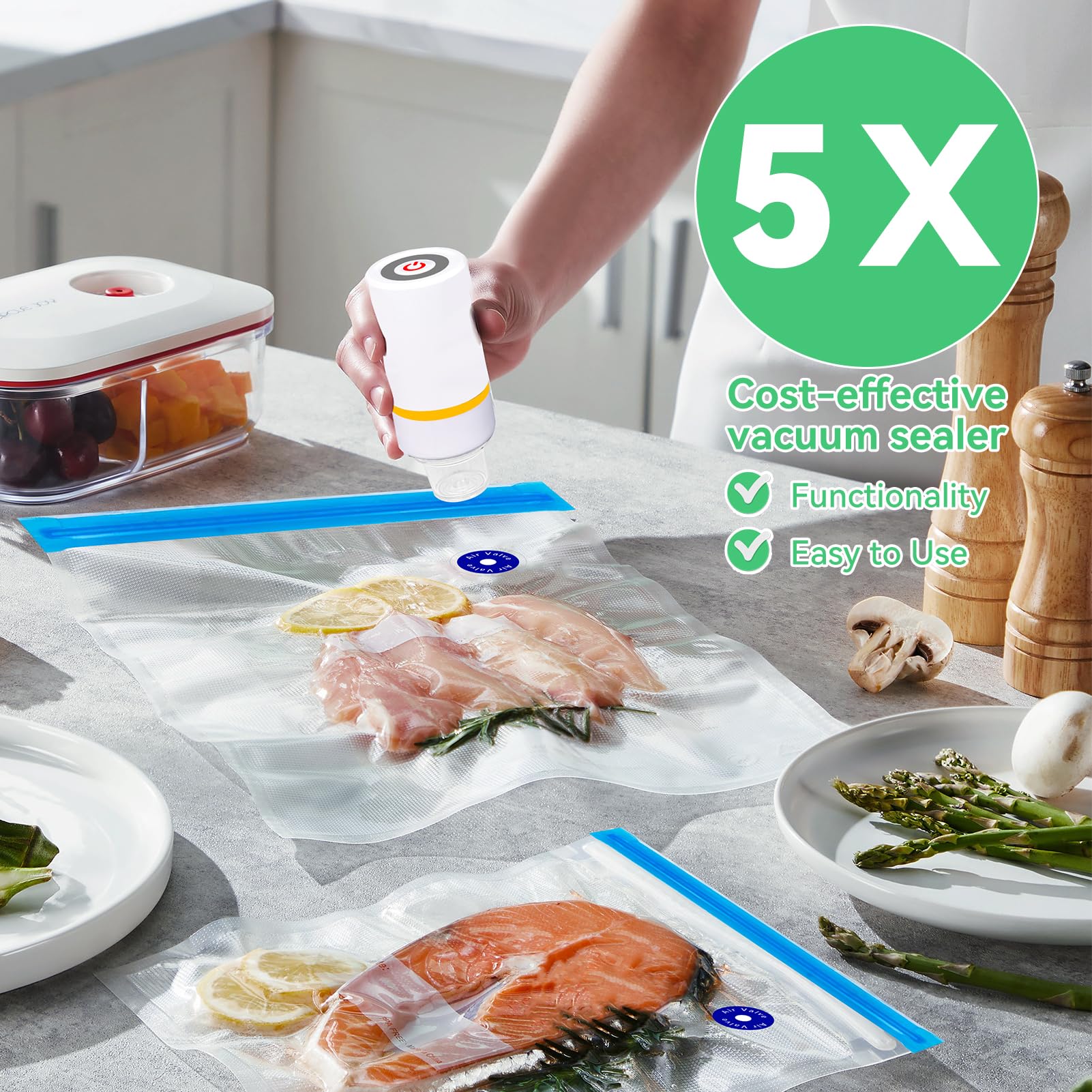 Zestaw 42 szt. do pakowania próżniowego Sous Vide - 30 toreb wielokrotnego użytku, 5 klipsów i klipsów uszczelniających do Anova, Joule Cookers