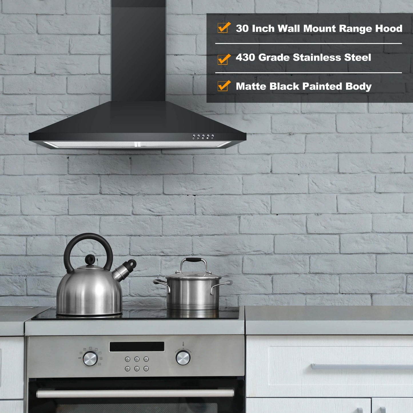 SNDOAS Black Range Hood,Wall Mount Range Hood 30 inch,Stainless Steel Range Hood with Ducted/Ductless Convertible,Stove Vent Hood,Aluminum Filters,3 Speed Exhaust Fan,LED Light,Button Control