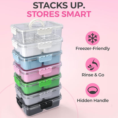 Snackle Box Container with Lid- Travel Charcuterie Box with Handle - Organizer for Candy, Fruit, Nuts, Veggies, Snacks, Beach Essentials, Portable Lunch Box (Pink, Small)