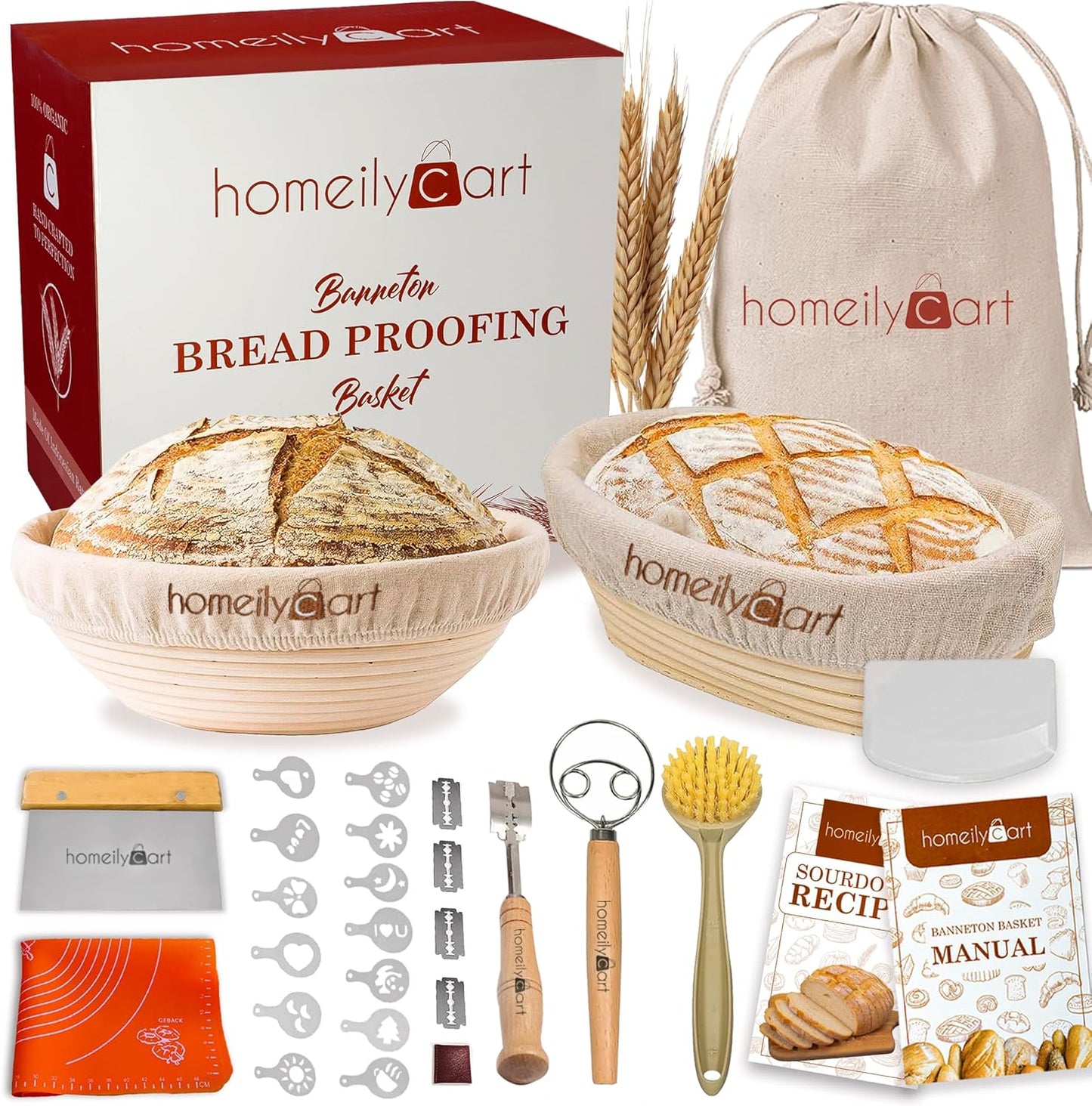 Banneton Bread Proofing Basket Set of 2-9" Round & 10" Oval - Rattan Sourdough Proofing Baskets and Sourdough Bread Baking Supplies for home bakers.