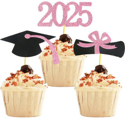 2025 Graduation Cupcake Toppers, 48 PCS Food/Appetizer Picks For Graduation Party Mini Cake Decorations, Diploma, 2025, Grad Cap Set 48 Pieces (01 Gold)