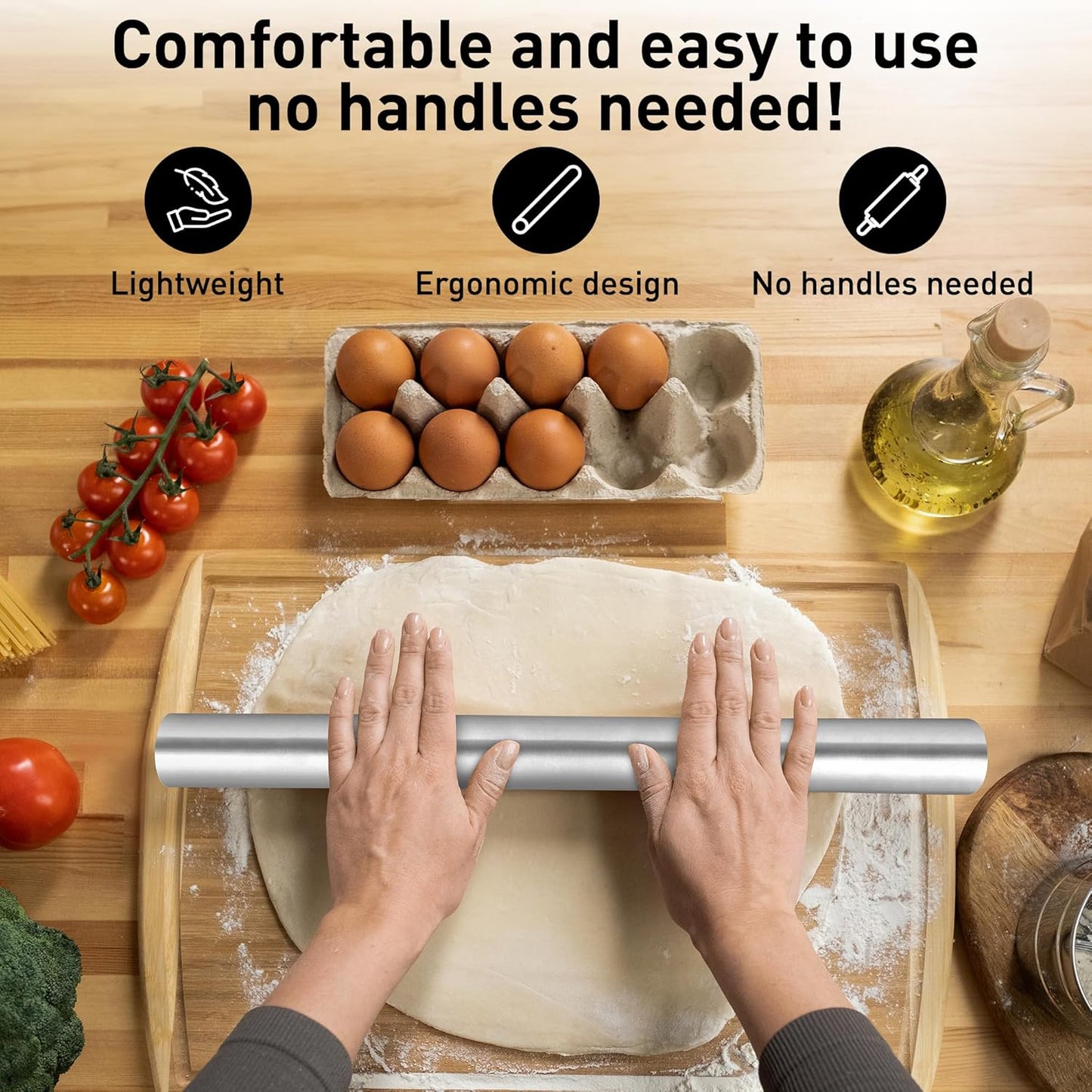 Zulay Kitchen 15.9 inch Professional Stainless Steel Rolling Pin - Lightweight Metal French Rolling Pin - Perfect for Baking, Fondant, Pizza Dough Roller, Dumpling