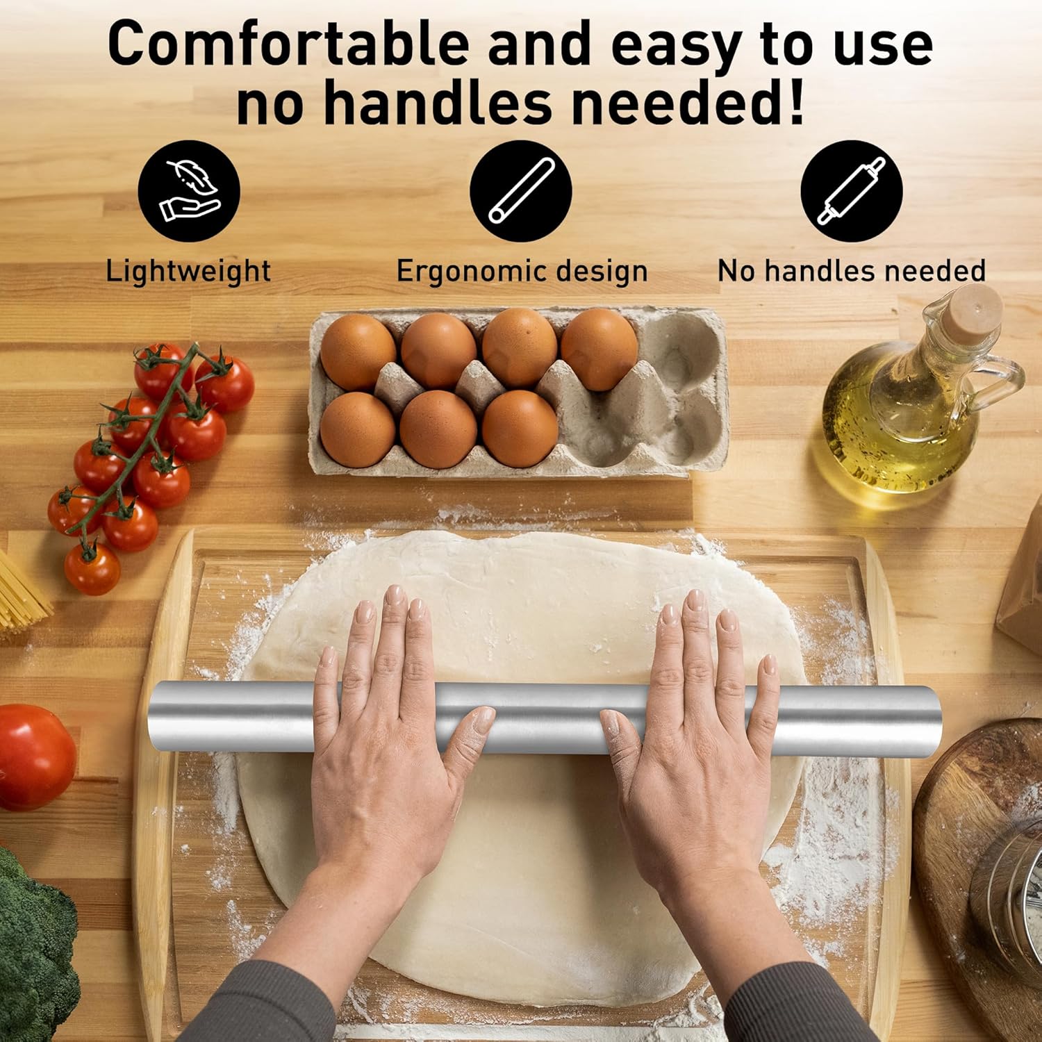Zulay Kitchen 15.9 inch Professional Stainless Steel Rolling Pin - Lightweight Metal French Rolling Pin - Perfect for Baking, Fondant, Pizza Dough Roller, Dumpling