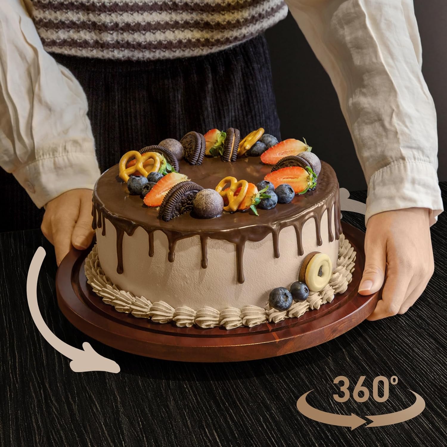 jkwokback Cake Stand with Acrylic Dome, Rotating Cake Plate Acacia Wood Cake Stand with Acrylic Lid, Cake Decorating Turntable for Baking Gifts, Birthday Kitchen Party, Weddings