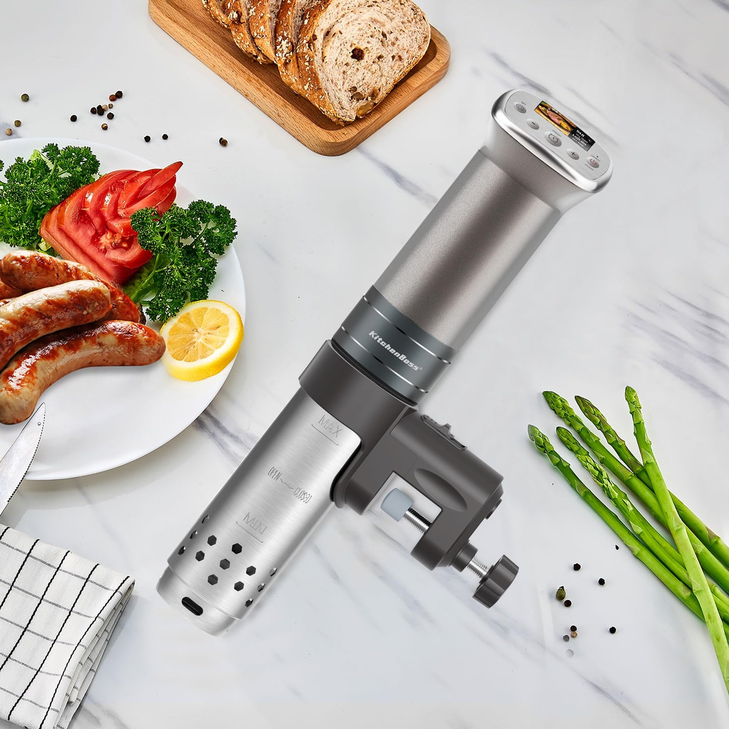 KitchenBoss Sous Vide Cooker Machine: Ultra-Quiet Built-in TFT Recipes IPX7 Waterproof circulator cooker Brushless DC motor 1100 Watts Immersion Circulator Sous-vide Cooking Machine G321, Silver