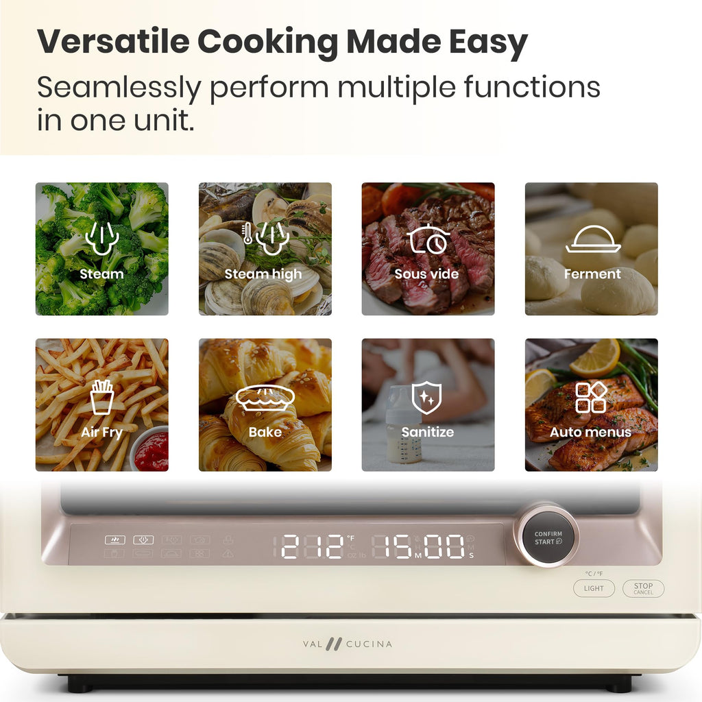 VAL CUCINA 7 w 1 Piekarnik konwekcyjny parowy z funkcją Air Fry, pieczenia, Sous Vide, fermentacji, wbudowanymi przepisami | Komora ze stali nierdzewnej do kontaktu z żywnością i akcesoriami antypoślizgowymi, samoczyszcząca | 1500 W