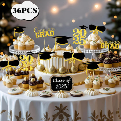 OHOME Graduation Decorations 2025-36 PCS Cupcake Toppers - 2025 Graduation Party Decorations - Mini Cake Decorations for Class of 2025,Diploma, 2025, Grad Cap Set