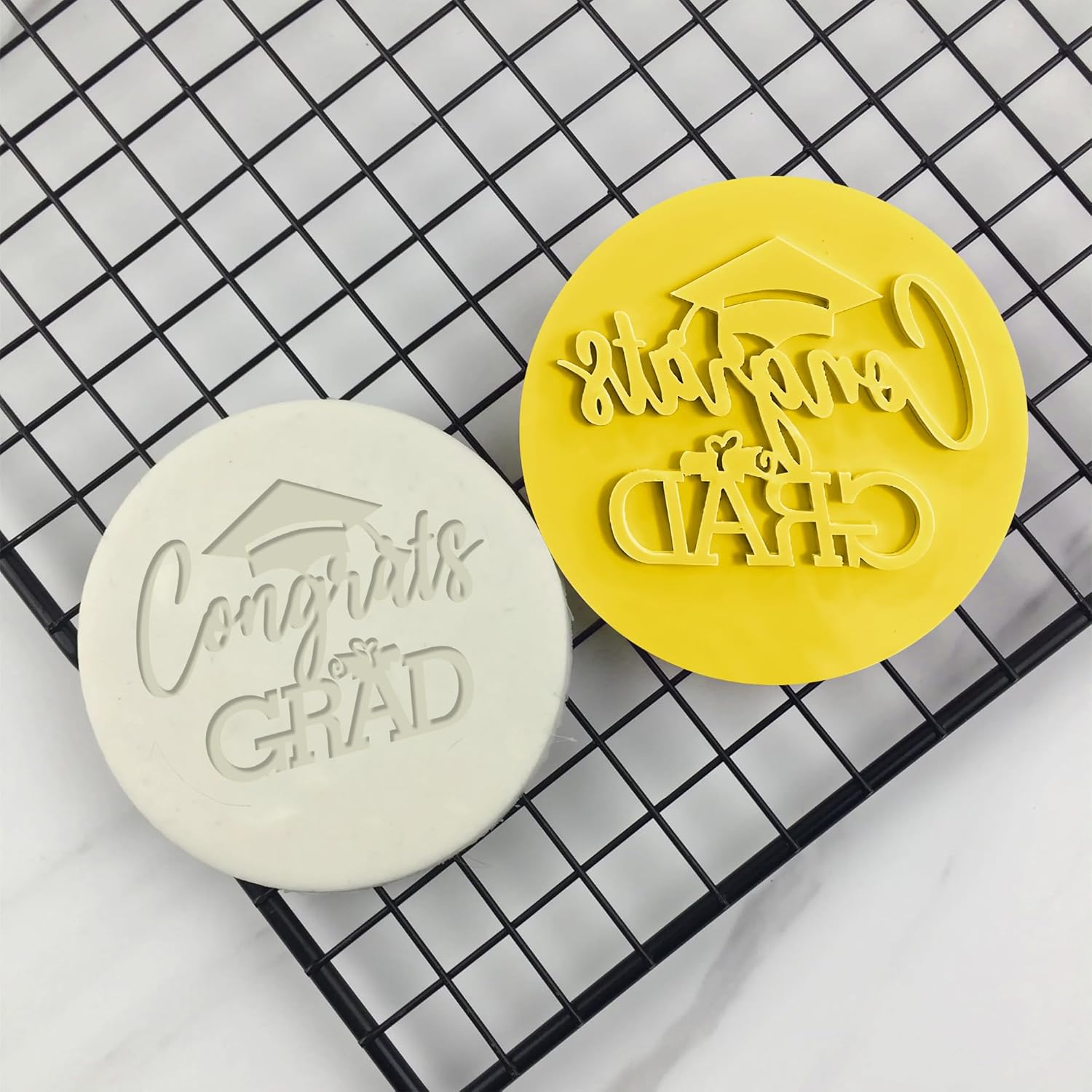 Graduation Fondant Stamp, Congrats Grad Cookie Stamp, 3D Raised Design Graduation Fondant Embosser for DIY Baking Cake Decorating Cookies Sugar Paste Cupcake Topper, 3.15inch, Yellow