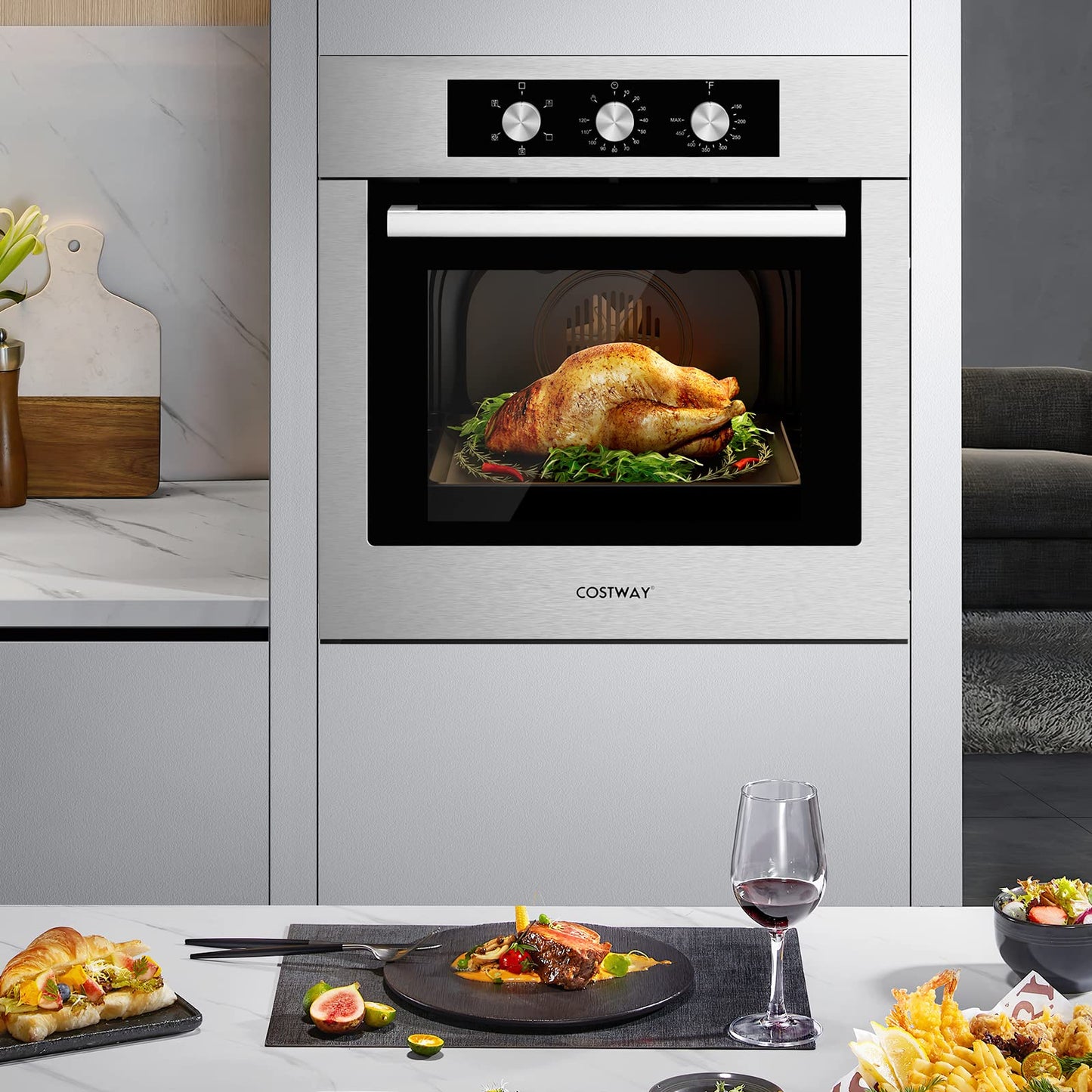 COSTWAY 24" Single Wall Oven, Electric Built-in Wall Oven with 2.47 Cu. Ft. Capacity, 5 Cooking Functions, 360° Rotisserie and Timer, 2300W Built-in Oven in Stainless Steel with Mechanical Knobs