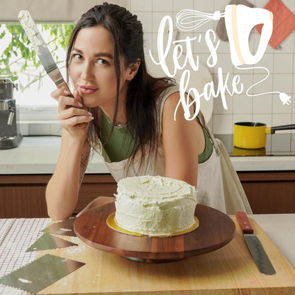 13" Acacia Cake Stand Rotating – Rustic Wood Turntable Pedestal Stands – Wooden Spinning Tables for Food Serving - Round Cake Decorating for Cupcake Dessert Display in Party, Wedding, Birthday