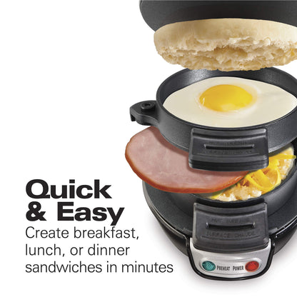 Hamilton Beach Breakfast Sandwich Maker with Egg Cooker Ring, Customize Ingredients, English Muffins, Croissants, Mini Waffles, Perfect White Elephant Gifts, Single, Black