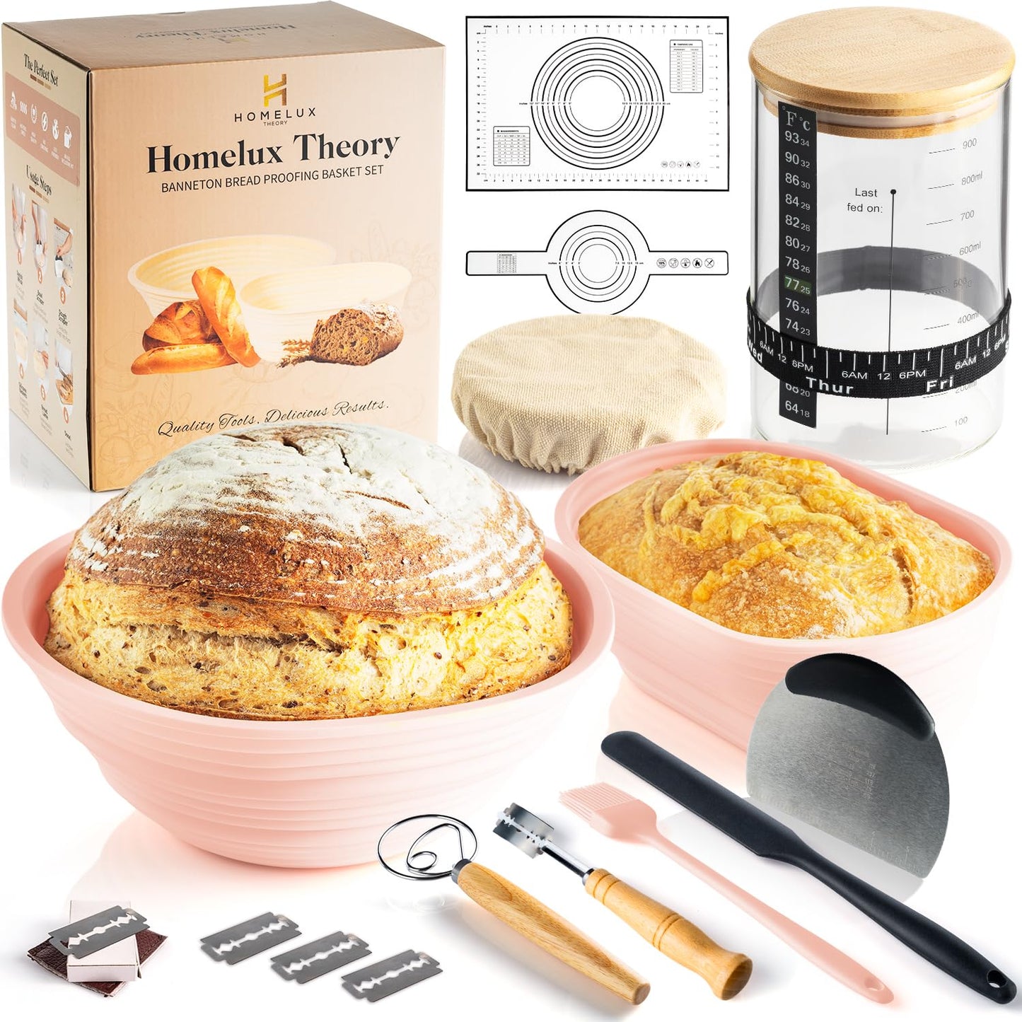 Sourdough Starter Kit, Silicone Banneton Bread Proofing Basket Set, Sourdough Bread Baking Supplies, Bread Making Kit for Sourdough Proofing with Bread Baking Bowl for Artisan Breads (Yellow)