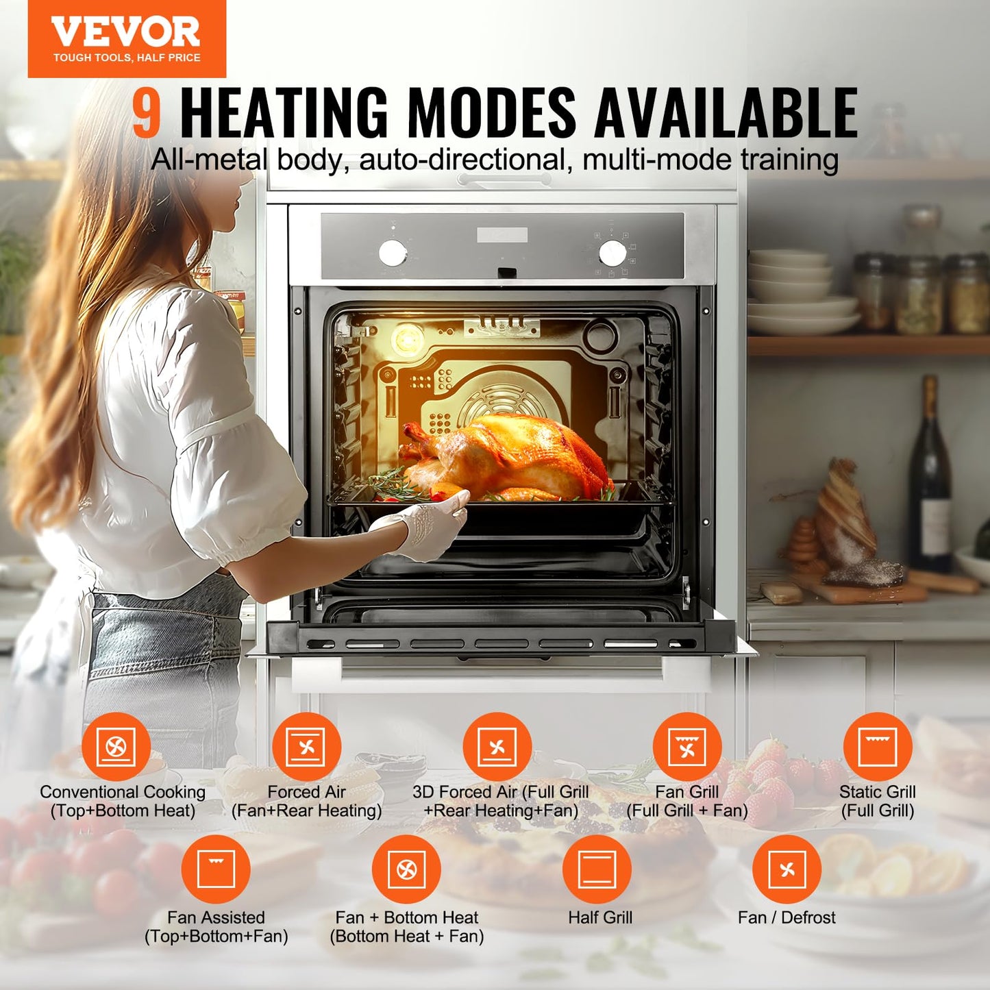 VEVOR Single Wall Oven, 24" Electric Built-in Wall Oven with 9 Cooking Functions, 2.68 Cu.Ft Electric Wall Ovens with Timer, 2800W Electric Oven with Baking Rack and Tray, for Kitchen