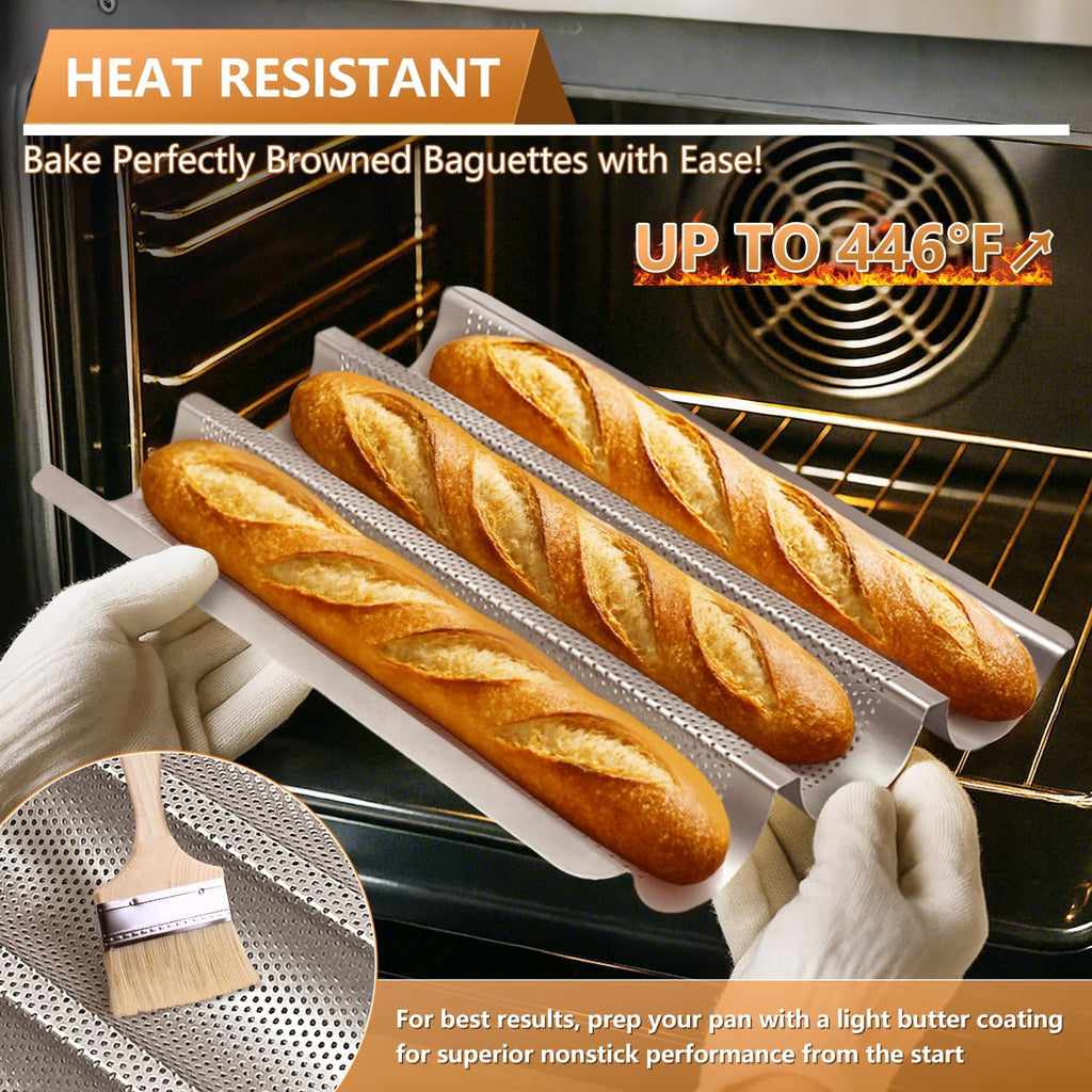 Baguette Pans 15" x 11", 3 Loaf Nonstick Baguette Baking Tray for French & Italian Bread with Proofing Cloth, Scoring Tool & 50pcs Parchment Paper, Home Bread Baking Supplies Kit