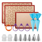 Angadona Macaron Silicone Baking Mats Kit (16pcs set) Macaroon Baking Mat Set of 2 Half Sheet Macaron Silicone Mat Nonstick Macaron Mat Sheet,6 Piping Tip,2 Piping Bag with 3 Bag Tie,2 coupler