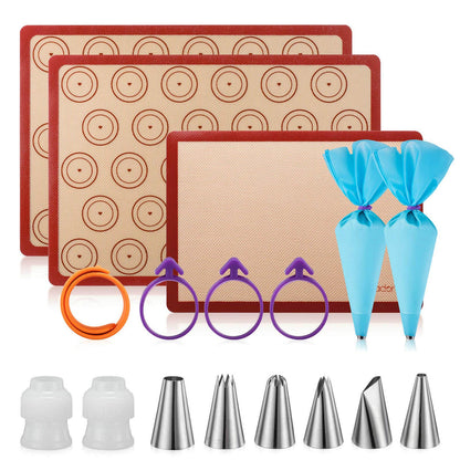 Angadona Macaron Silicone Baking Mats Kit (16pcs set) Macaroon Baking Mat Set of 2 Half Sheet Macaron Silicone Mat Nonstick Macaron Mat Sheet,6 Piping Tip,2 Piping Bag with 3 Bag Tie,2 coupler