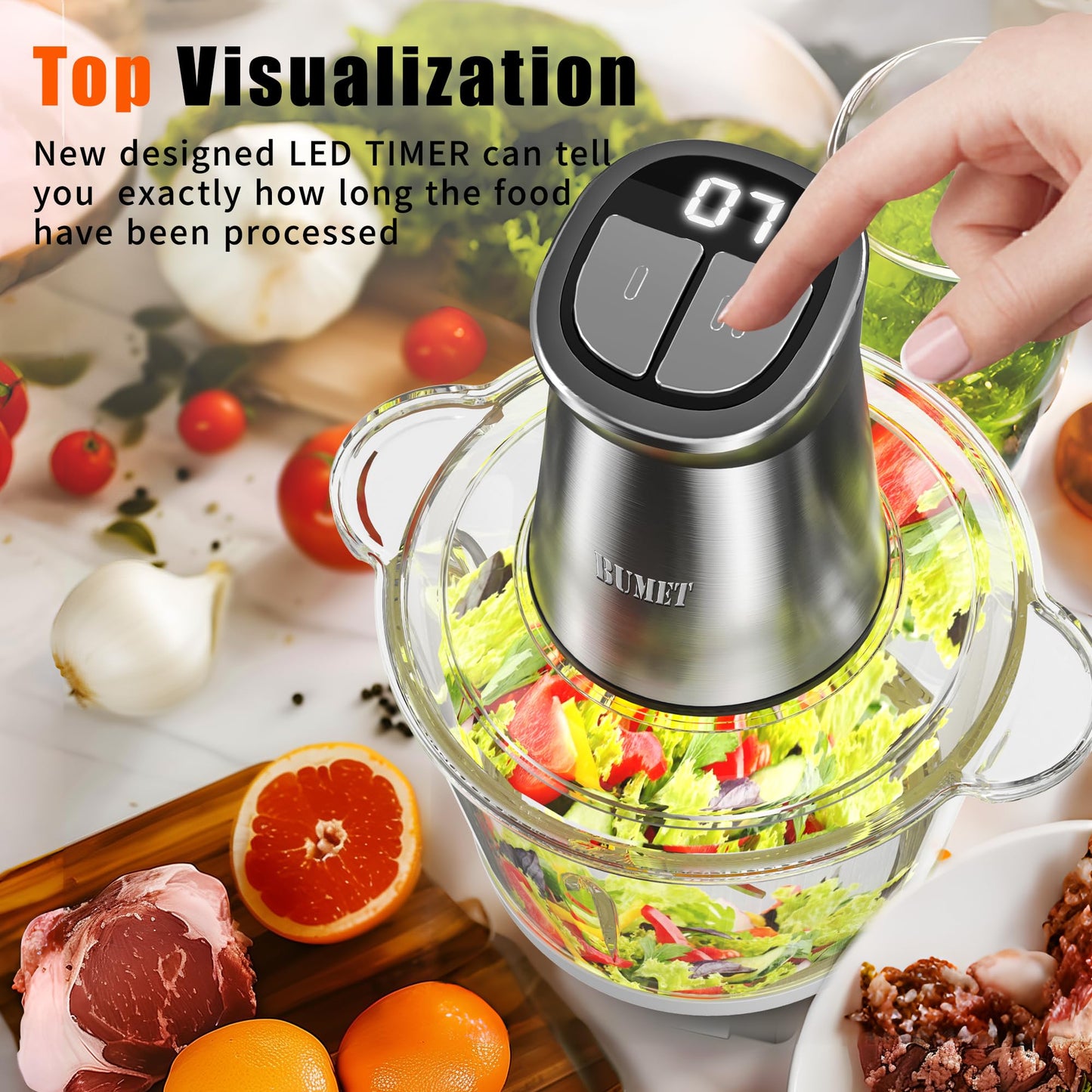 Electric Food Processor Meat Grinder 800W 2x12cups LED Timer Electric Food Chopper Vegetable chopper 3 layers 6 blades for Mincing Puree for home use kitchen aid for pet food,baby food by BUMET