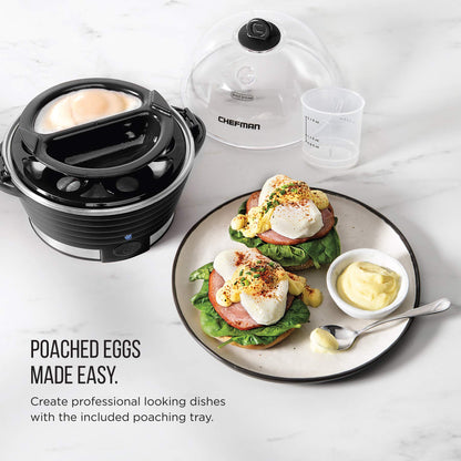 Chefman Egg-Maker Rapid Poacher, Food & Vegetable Steamer, Quickly Makes Up to 6, Hard, Medium or Soft Boiled, Poaching/Omelet Tray Included, Ready Signal, BPA-Free, BLACK