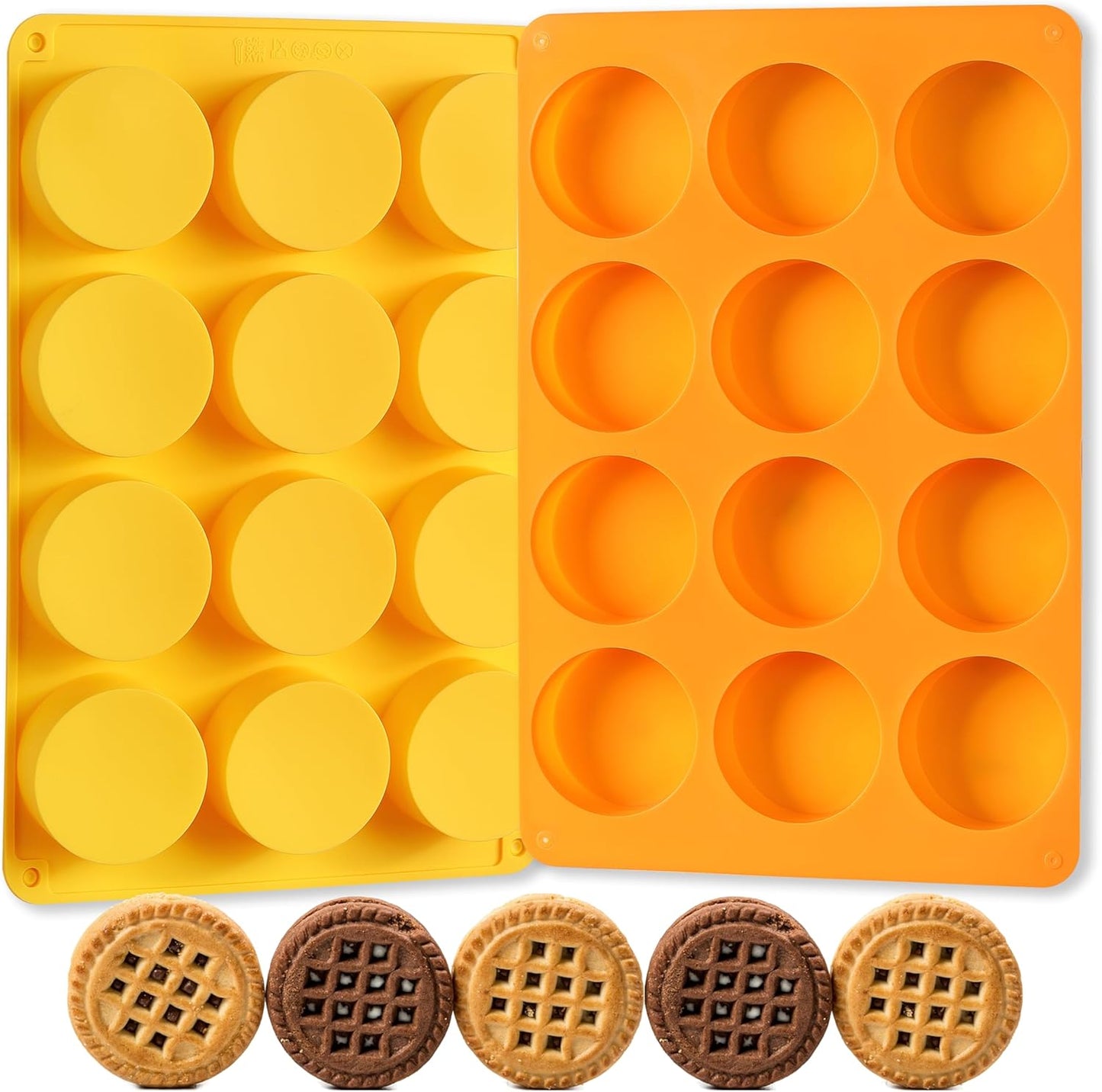 2 Pcs Oreo Chocolate Cookie Silicone Molds, 12-Cavity Round Silicone Mold, Baking Mold for Oreo, Chocolate, Cookie, Candy, Mini Cake, Jelly (Orange + Yellow)