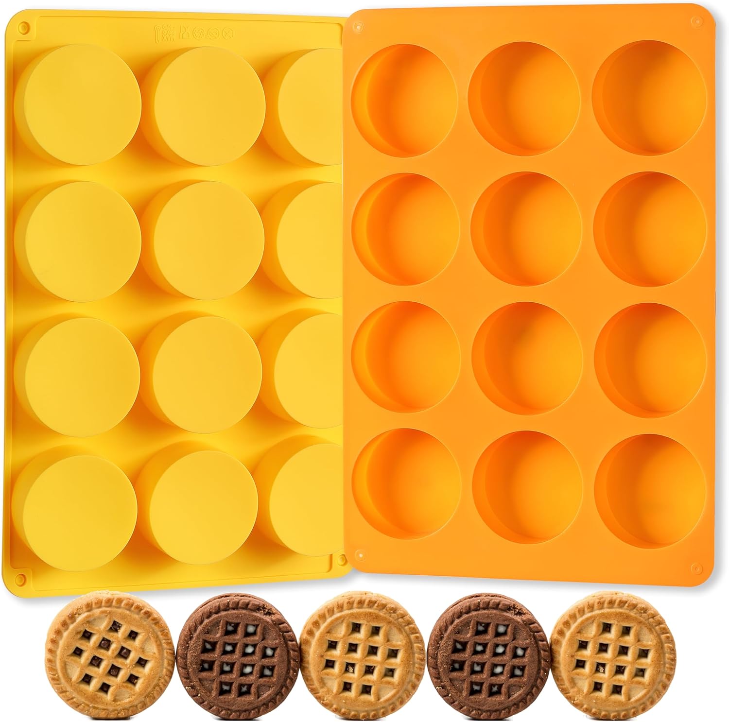 2 Pcs Oreo Chocolate Cookie Silicone Molds, 12-Cavity Round Silicone Mold, Baking Mold for Oreo, Chocolate, Cookie, Candy, Mini Cake, Jelly (Orange + Yellow)