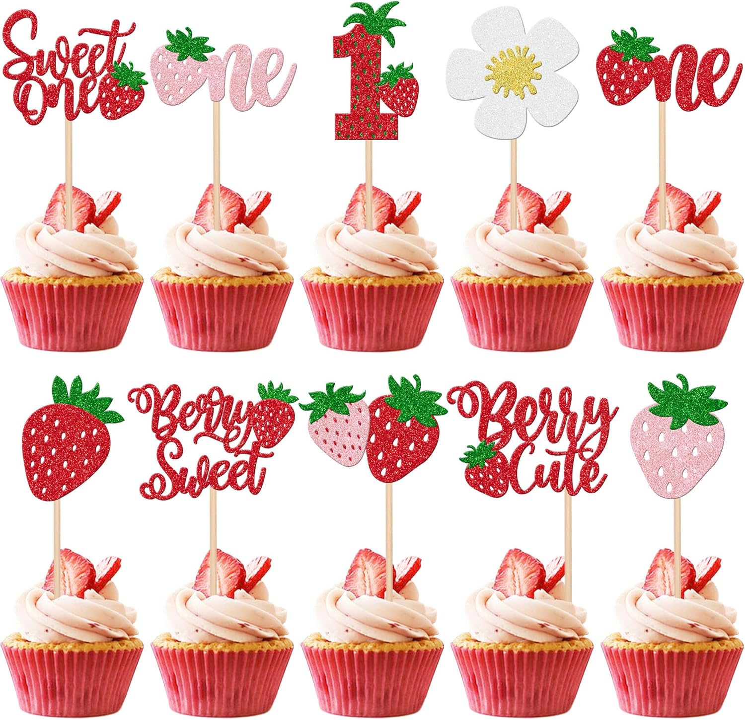 30 PCS Sweet One Strawberry Cupcake Toppers Glitter Sweet Berry 1st Birthday Cupcake Picks Strawberry Birthday Decorations for Baby Shower Kids First Birthday Party Cake Decorations Supplies
