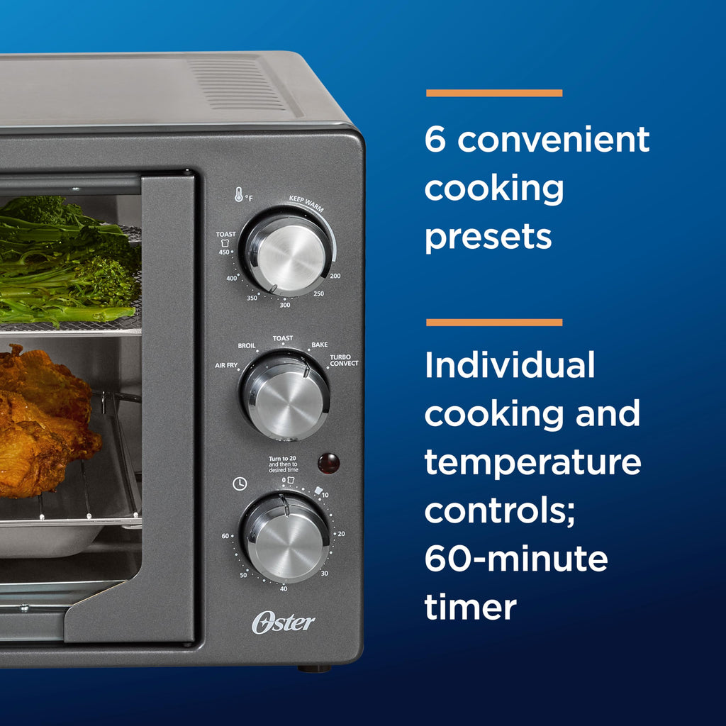 Oster Extra-Large French Door Air Fryer Countertop Oven, stal nierdzewna, 60-minutowy timer, 6 funkcji gotowania, uniwersalne akcesoria, zmniejsza zużycie energii i czas gotowania