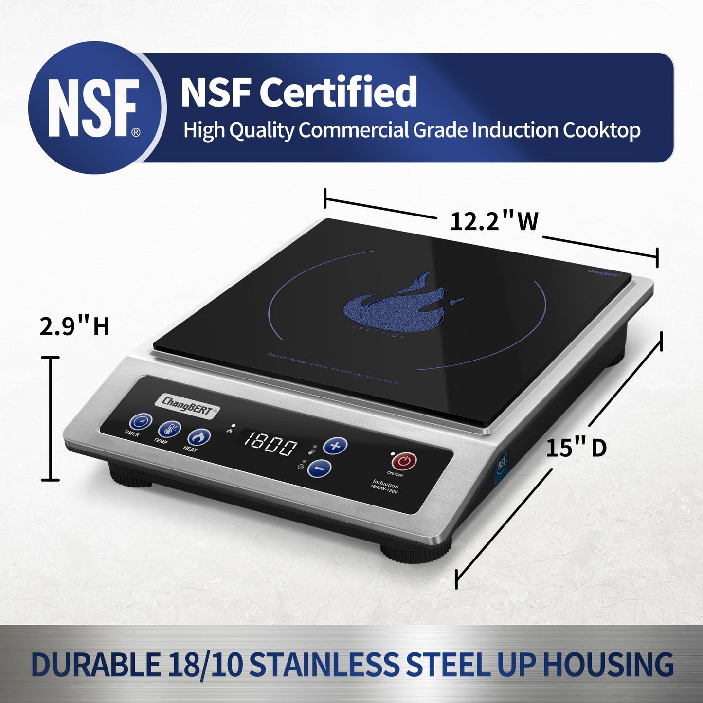 ChangBERT Induction Cooktop, Commercial Grade Portable Cooker, Large 8” Heating Coil, 18/10 Stainless Steel Countertop Burner with NSF Certified, 10 Hours Timer, Powerful 1800W Professional Hot Plate