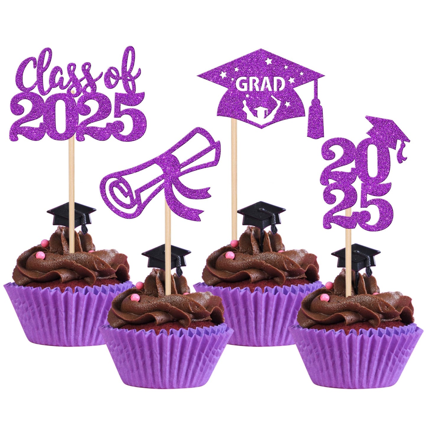 24 PCS 2025 Graduation Cupcake Toppers Glitter Diploma Congrats Grad Cap Cupcake Picks Class of 2025 Cake Decorations for 2025 Graduation Theme Party Supplies Pink