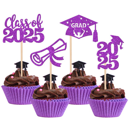 24 PCS 2025 Graduation Cupcake Toppers Glitter Diploma Congrats Grad Cap Cupcake Picks Class of 2025 Cake Decorations for 2025 Graduation Theme Party Supplies Pink