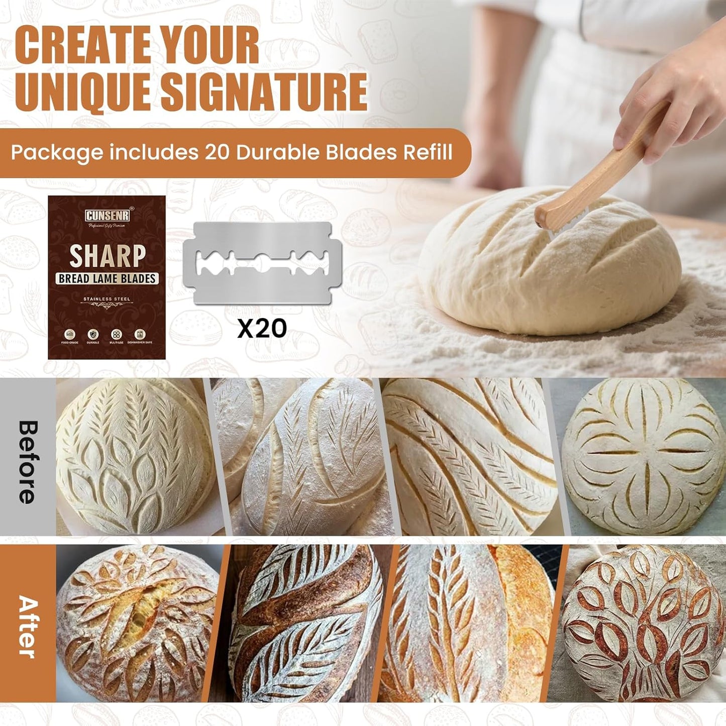 Bread Lame Blades Refill – Stainless Steel Scoring Blades for Perfect Bread Art, Suitable for Slicing and Scoring Sourdough, Baguettes, and More (20 Blades)